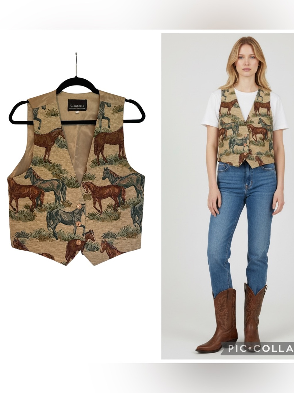 Conterio Western Equestrian Horse Tapestry Vest Tan Multi Size L